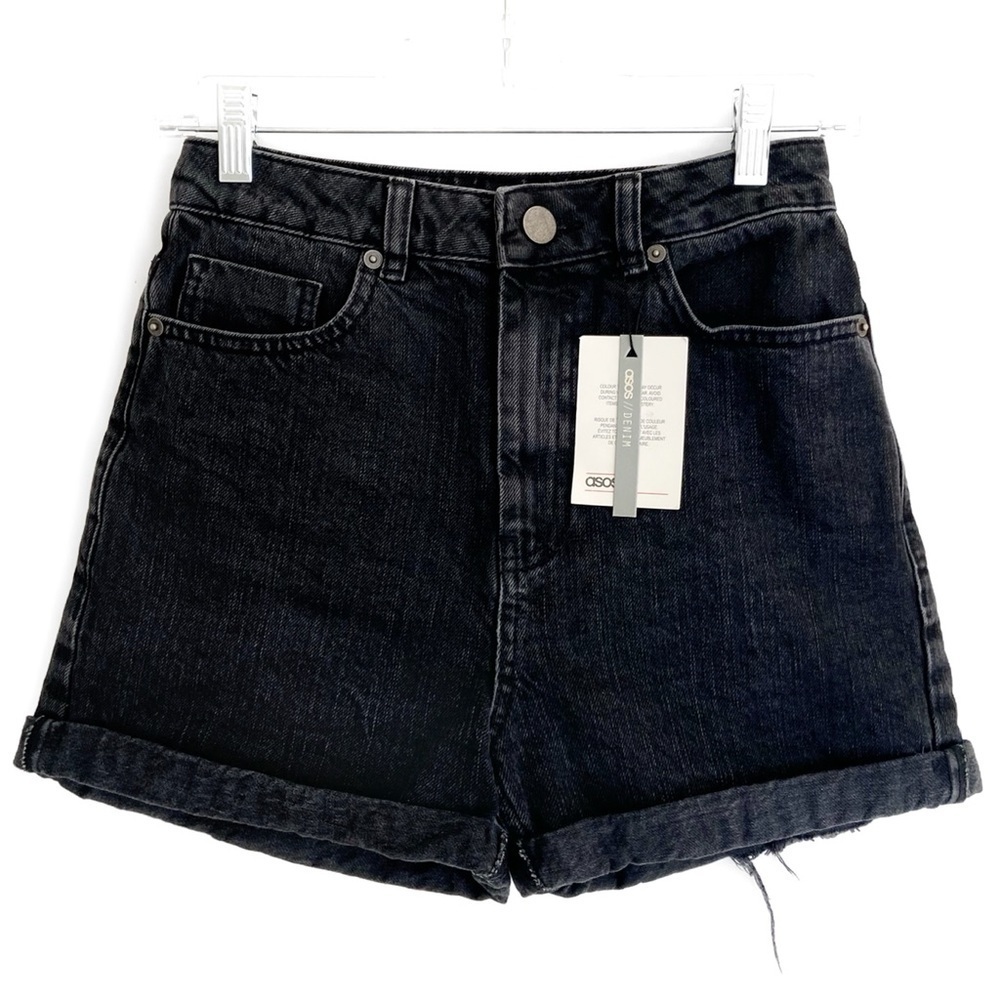 ASOS Denim High Waisted Mom Shorts in Washed Black With Bum Rips - Picture 2 of 7